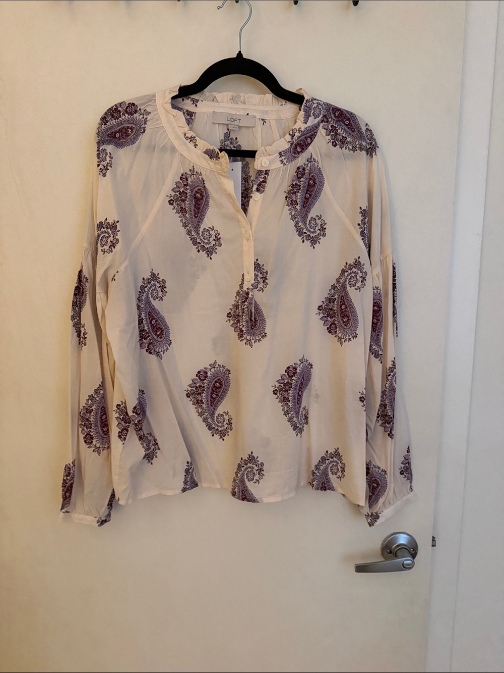 LOFT Cream Blouse with Purple Paisley Print